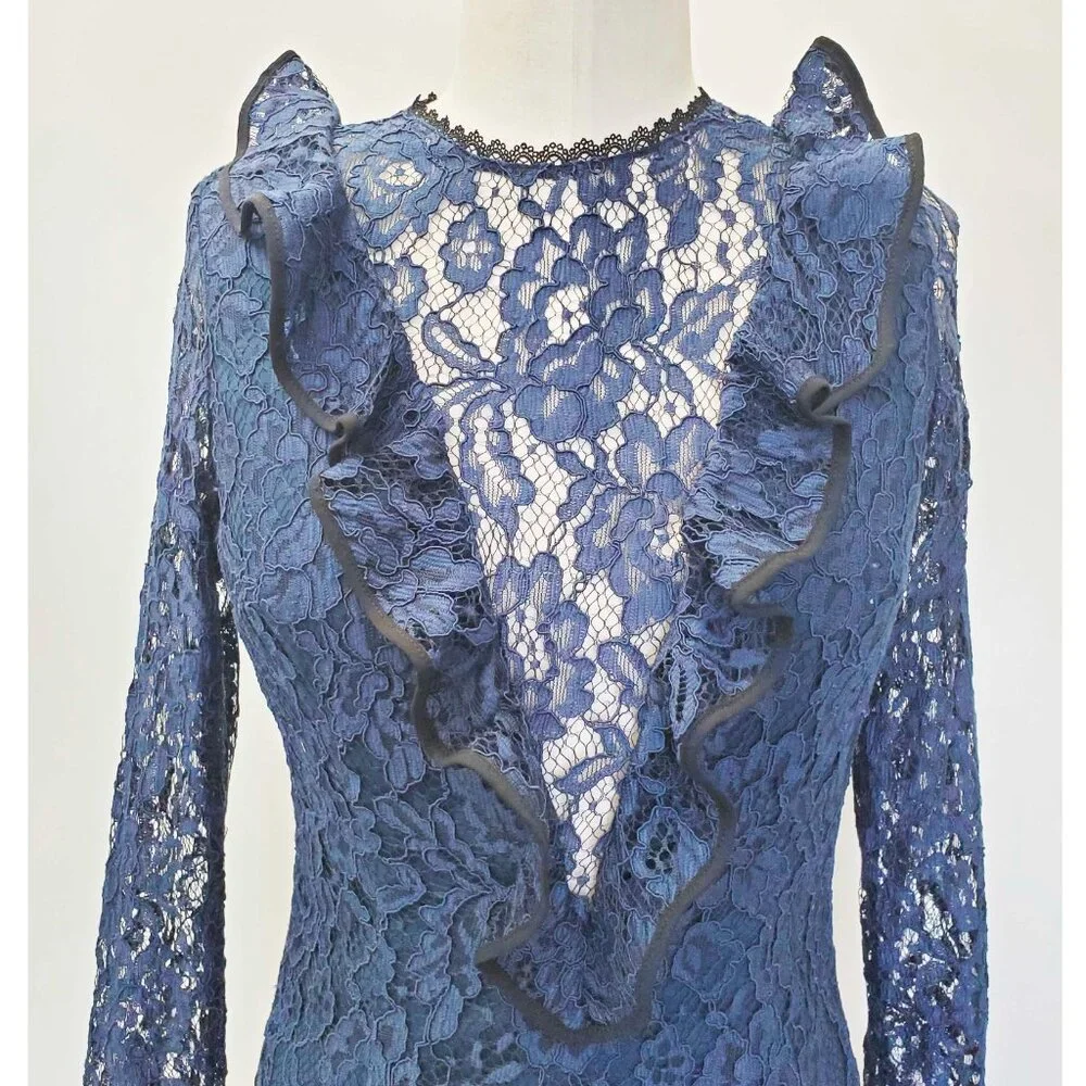 Alexis Womens Pollie Illusion Voulant Bodysuit Lace Top Blouse Navy - NWT M